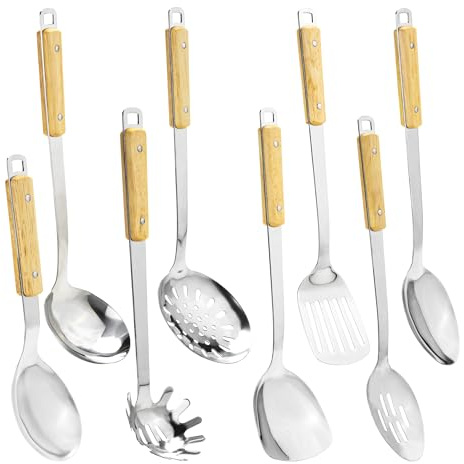 FJNATINH Cooking Utensils - Spatula and ladle Set with Wood Handle, 8 Pieces Wok Utensils Tools - Wok Accessories Cookware Set