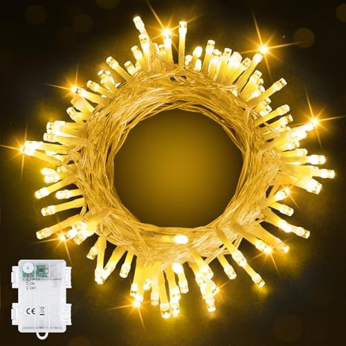 Lichterkette Außen Batterie, 10M Warmweiß Weihnachtsbeleuchtung mit Timer | 100 LED Lichterkette Weihnachtsbaum, IP65 Wasserdicht Lichterkette Weihnachten für Innen Zimmer Garten Hochzeit Party Balkon