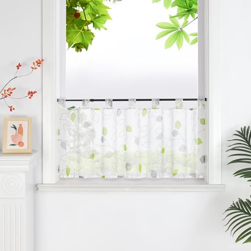 HeichkelL Voile Scheibengardine Bistrogardine mit Blätter Transparent Kurzstores Fenstervorhang mit Schlaufen Landhaus Gardine Grün HxB 45x120cm