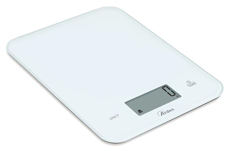 Ardes Bilancia da Cucina Digitale in Vetro Resistente all’Acqua IP65 con Capacità 10 kg, Schermo LCD, Funzione Tara, Misurazione in Grammi e Once, Colore Bianco