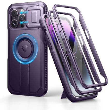 Dexnor for iPhone 14 Pro Max Magnetic Case With Slide Camera Cover & Adjustable Kickstand & Built-in Screen Protector, Rugged Shockproof Bumper Cases Heavy-duty Cover - Phantom Purple