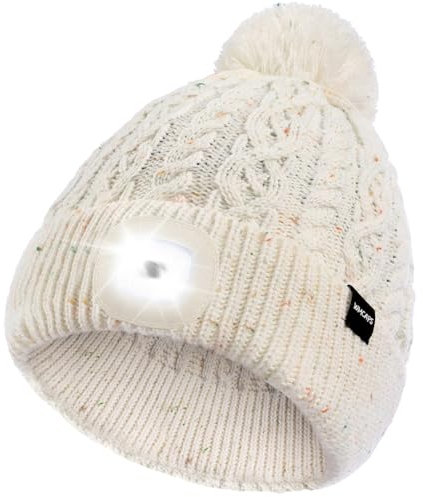 Wmcaps Mütze mit LED Licht Damen, Wiederaufladbare Type-C Strickmütze Bommelmütze mit 4 LED-Lichtern, Pudelmütze Leuchtmütze mit Lampe, Geschenkte Geschenk für Männer und Frauen, Weiß