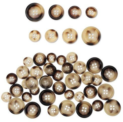 Harz Knöpfe 40 Stück Knöpfe Zum Annähen 2 Stile 4 Größen Braun Buttons Rund Knopf 4-Loch-Flachrücken Button Retro Knöpfe Zum Basteln, für Nähen DIY Basteln Kleider Nähen Mantel Hemden