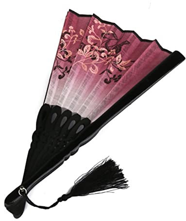 Warmhm Damen Faltfächer Aus Bambus Leinen Handgefertigter Faltbarer Handfächer Mit Blumenmuster Und Quaste 21cm Länge Weinrot Schwarz Dekoration Und Hochzeitsgeschenk