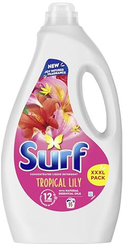 Surf Tropical Lily Laundry Washing Liquid Detergent with a joy-infused fragrance & natural essential oils lasting up to 12 hours in wear for brilliantly clean results 95 washes 2.565 L
