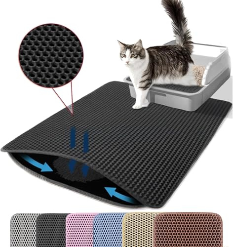 Petinstinct matta för kattlåda, 116 x 66 cm stor kattsandsmatta, dubbla lager design av bivaxmatta, vattentät och hållbar, kattlåda, svart