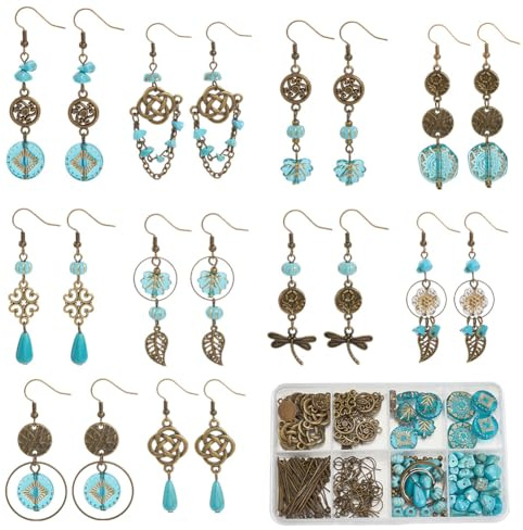 SUNNYCLUE 1 Box DIY 10 Paar DIY Boho Ohrring Kit Bohemian Findings Charms Acryllegierung Goldenes Metall Umschlungen Vintage Türkis Antike Tibetische Blumen Link Charms Für Schmuckherstellung Kits Sta