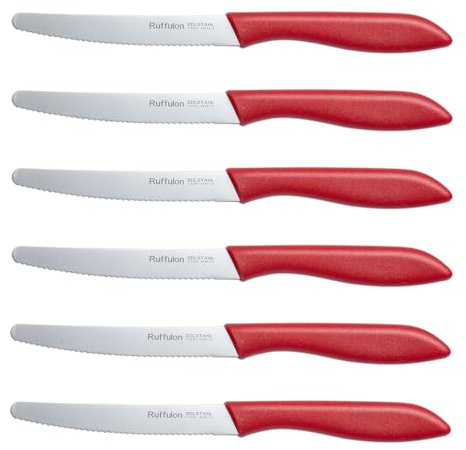 Ruffulon Tomato Knife Red Colour Set of 6,Kitchen Knife and paring Knife Set, Extra Sharp Blade, Ergonomic Handle, Stainless Steel Utility Knifes, Breakfast Knife&Bread Knife,Red Table Knifes