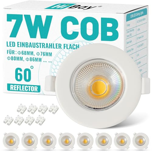 HiBay 8er Einbaustrahler LED COB Set 7W LED Spots 230V 65-85mm Lochmaß Rund Weiß Einbauspots 4000K Neutralweiß 600LM für Schlafzimmer Wohnzimmer Garderobe | LED Spots 230V 4000K 600LM Einbauspots 60° Abstrahlwinkel für Schlafzimmer Wohnzimmer Garderobe Nicht dimmbar
