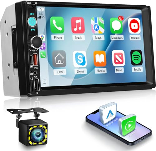 NHOPEEW Autoradio 2 Din da 7 pollici con Carplay wireless e Android Auto - Radio doppio Din con supporto comandi al volante, FM, video online, doppia porta USB, AUX tipo C + telecamera di retromarcia