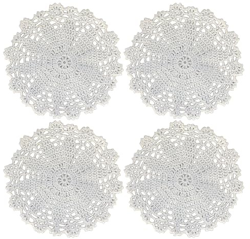 Lot de 4 napperons ronds de 25,4 cm en dentelle faite à la main - Petits napperons vintage tricotés pour mariage, table de cuisine, centre de table, napperon artisanal pour salle à manger - Blanc