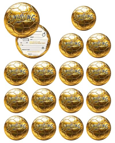 JUKOTA 15 x Fußball Einladungskarten Kindergeburtstag - Φ13.5cm - Original, Einladungskarten Geburtstag für Fußballbegeisterten Jungen und Mädchen, Coole Witzige Rund Fußball Einladung (Gold)