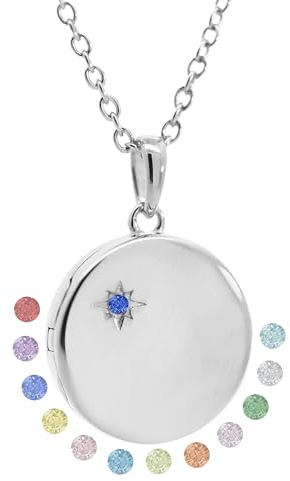 Amoonìc Damen Medaillon Kette mit Geburtsstein Silber 925 / Gold vergoldet | Medallion zum Öffnen für Bilder personalisiert mit Gravur & Foto Upload Service, Schmuck Geschenk Frauen Freundin Geburtstag