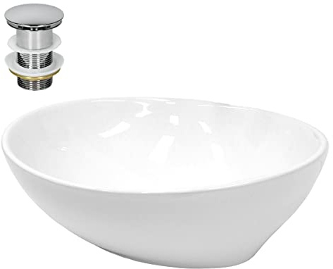 LuxeBath Waschbecken Keramik 410x330x142 mm oval Weiß mit Ablaufgarnitur Silber, Aufsatzwaschbecken für Badezimmer/Gäste-WC, Modernes Aufsatzbecken, Waschtisch Waschschale Waschplatz Handwaschbecken