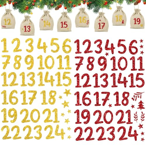 BOOMTOP Pegatina Calendario Adviento 2025, Parche DIY Planchar Pegatina Calendario Adviento Rellenar, para Regalo Bolsa Yute Papel/Ropa/Tarjeta/Cajas, Decoración Calendario Adviento Navidad
