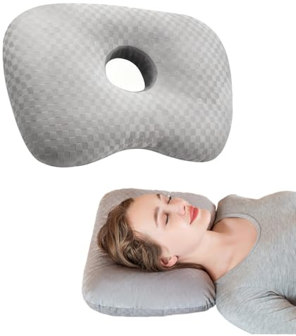 Dwitkul Coussin Piercing Oreille 44x32x5cm - Trou Central 8.9cm,Oreiller avec Trou Coussin Piercing pour Dormeurs Côté, Anti-Douleur & Anti-Inflammation