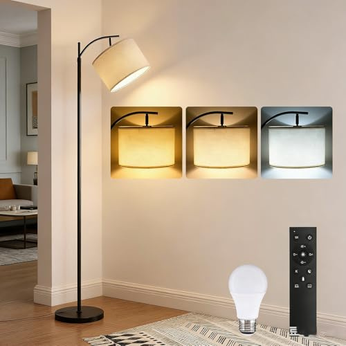 Warmiehomy Modern Floor Lamp, Arc Standard Lamp with Adjustable Lamp Shade and 9W Led Bulb, 3 Color Dimmable LED floor lamp Reading Standing Lamp with Remote Control, Corner Tall Light for Living Room