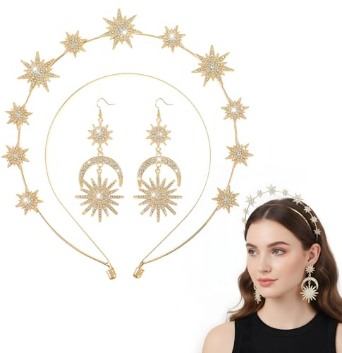 Halo Gold Crown, Crystal Goddess Star Headband with Earrings, Gold Headband Sun Headpiece for Women Bridal Wedding Costume Cosplay Party Goddess Accessories(5.63×4.53Inch)