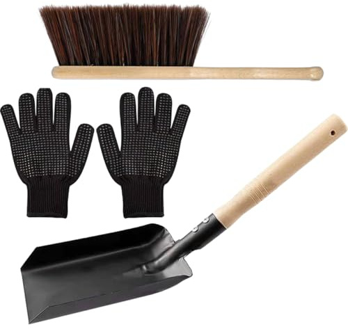 BAZEITFLOW Set de Nettoyage pour Cheminée avec Pelle à Cendres Acier Balayette Naturel et Silicone Résistants Ensemble Pratique pour Foyer et Poêle