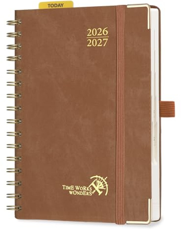 POPRUN Tagesplaner 2026 2027 ca.A5(21 x 14,5cm) Spiralbuch mit Hardcover | (Aug.2026-Jul.2027),Tageskalender 1 Tag 1 Seite,(Montag-Sonntag),Terminplaner,Monatliche Registerkarten(Braun)