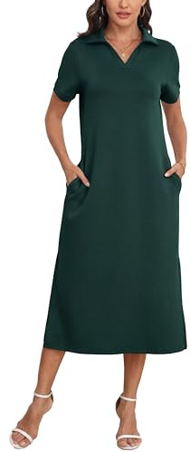 GRECERELLE Vestido de mujer elegante de verano como polo maxi vestido largo hasta el tobillo con bolsillos, ideal para oficina y ocio, tejido de fácil cuidado, verde oscuro, L
