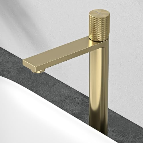 Mai & Mai Wasserhahn Bad 28,9cm hoch, Waschtischarmatur Gebürstet gold | Einhebelmischer Mischbatterie Bad Armatur aus Edelstahl mit Wassersparfunktion, DIN-Anschlüsse Fino-01