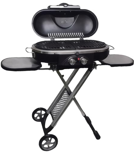 Parrilla De Gas De Dos Quemadores, Portátil, Con Ruedas Y Diseño Plegable, Encendido Piezoeléctrico, Interruptor Doble Independiente, Termómetro Integrado, Bandeja De Hierro Fundido