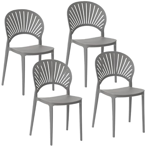 Baroni Home Set 4 Sedie in Plastica Impilabili, Senza Montaggio, Facili da Pulire, con Gommini Antiscivolo, per Cucina, Soggiorno, Sala da Pranzo, 36x37x72 cm Grigia Schienale Grande con Raggi