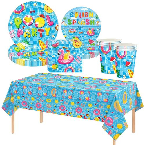 Christmas Tableware Decorations,Party Table Cloth,Paper Cups Napkins Plates Santa Christmas Table Cover Dinnerware for Party Supplies (Summer Pool)