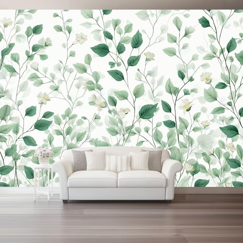 Verde Carta da Parati Panoramica, Minimalista Foglie Botaniche Acquerello in Tessuto Non Tessuto Murales Fotografico Moderno per Soggiorno e Camera da Letto - Decorazione Parete 150 x 105 cm（WxH)