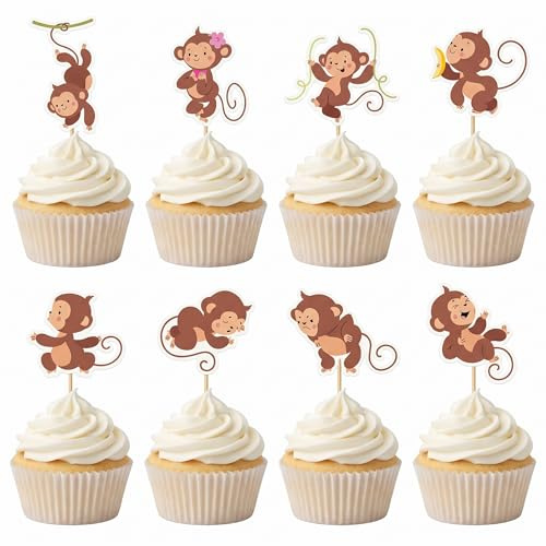 Arthsdite 24Pcs Monkey Cupcake Toppers, Cute Cartoon Monkey Picks for Kids Jungle Safari Birthday Party, Baby Shower, Zoo Theme Dessert Decorations