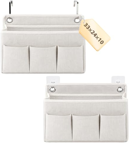 2 Stück Hängeorganizer, 33×24×10cm, Hohe Kapazität, Baumwolle Leinen | Hängekorb, mit 8 Haken, mit 3 Taschen, Ohne Bohrlöcher, Atmungsaktiv, für Schlafzimmer, für Büro, für Schlafsaal, für Bad