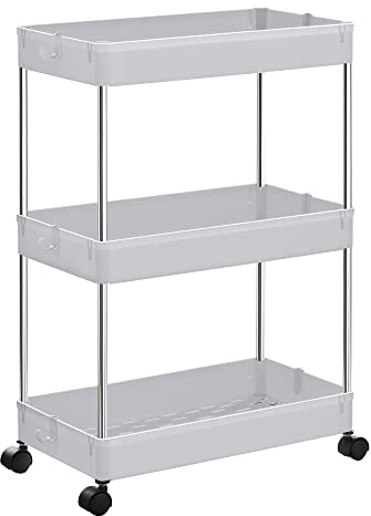 SONGMICS Rollwagen, Küchenwagen mit 3 Ebenen, Küchenregal, Nischenregal, mit 6 Haken, 360° drehbare Räder, Stahlgestell, Bad, Küche, Büro, weiß KSC009W01