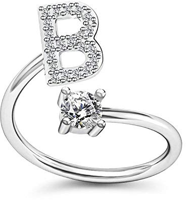 Bungsa BUCHSTABEN RING silber mit Kristallen - biegbarer Fingerring/Zehenring Toering für Damen, Kinder & Herren - A B C D E F G H I J K L M N O P R S T U V W Z