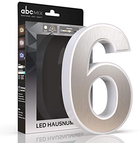 abcMIX LED Hausnummer, personalisierbare beleuchtete Hausnummer, Hausnummernleuchte mit LED - Hausnummer 6, Farbe EDELSTAHL, Lichtfarbeneinstellung, Dimmbarkeit