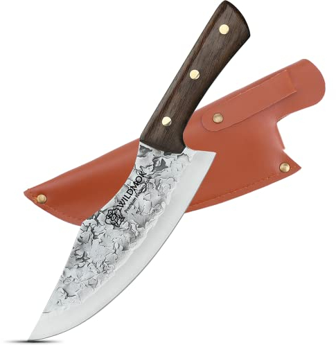 WILDMOK Coltello da macellaio forgiato a mano Coltello da cuoco per carne e verdure in acciaio ad alto tenore di carbonio da 19,5 cm Coltello da cuoco completo per cucina, campeggio e barbecue