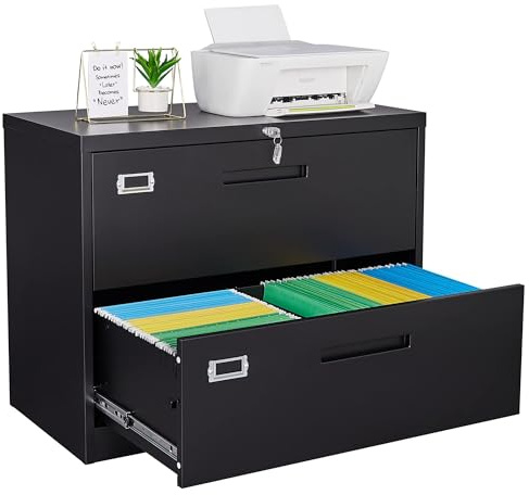 Letaya Metal Lateral File Cabinets with Lock,2 Drawer Steel Wide Filing Organization Storage Cabinets,Home Office Furniture for Hanging Files Letter/Legal/F4/A4 Size (Blcak-2 Drawer)