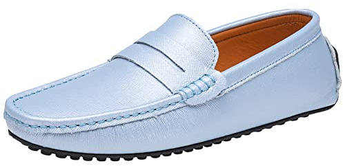 ANUFER Klassiska Penny Loafers för män, platta, slip-on, mjuka mockasiner, körskor, Ljusblå, 39 EU