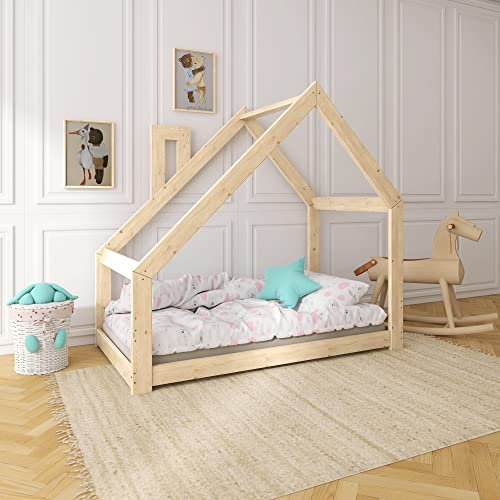 Need Sleep Kinderbett Kinder Hausbett 90x200 Bodentief ohne Rausfallschutz mit Lattenrost Schornstein Kleinkind Bodenbett Haus ab 2 Jahre Montessori Bett aus Holz Mädchen Junge Asymmetrisch
