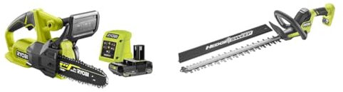 Bundle aus RYOBI 18 V ONE+ Akku-Kettensäge RY18CS20A-125 + RYOBI 18 V ONE+ Akku-Heckenschere RY18HT50A-0
