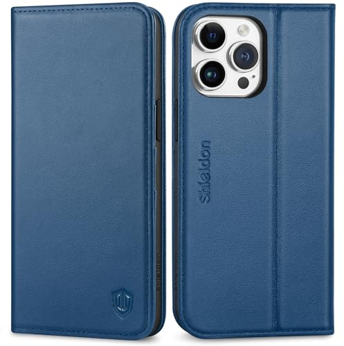 SHIELDON Hülle für iPhone 15 Pro Max, Schutzhülle [Rindsleder] [Schützt vor Stoß] [Standfunktion] [Kartenfach], TPU Magnetische Klappbare Handyhülle Kompatibel mit iPhone 15 Pro Max 6,7 - Königsblau