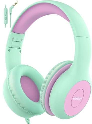 EarFun Kids Headphones with Mic, Wired Headphones Kids 85/94dB Volume Limit, Sharing Function, Stereo Sound Adjustable Headband Children Headphone for School/Travel/Phone/Tablet, Pink Blue