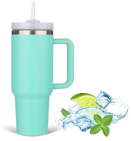 JFABL 40 oz Thermobecher mit Strohhalm und Henkel, Doppelwandiger Edelstahl Vakuum Kaffeebecher mit Deckel, Autobecher Becher Tumbler Isolierbecher für Heißer und Kalter Getränke,1182 ml (Eukalyptus)