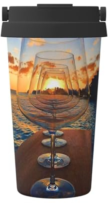 KIROJA Isolierter Kaffeebecher für Weinglas im Sonnenuntergang, mit Tragegriff/Deckel, Edelstahl-Reisebecher, Kaffeetassen zum Warmhalten von Eis