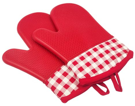 IEEDFJKK Back und Grillhandschuhe, hitzebeständig und bequem, Küchenzubehör, leicht zu reinigende, rutschfeste Ofenhandschuhe aus Silikagel, Rot
