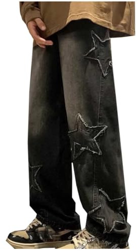 Oanviso Homme Jeans Y2K Pantalons en Denim Lâche Jeans Baggy Vintage Pantalons Homme Casual Bassin Pantalon Ample Coupe Droite Style Hip-Hop Jean Larges Jambes D Noir M