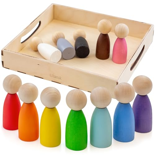 Ulanik Große Steckpuppen zum Sortieren Montessori Spielzeug ab 3 Jahre + Baby Waldorf Puppen Sensorik Holzspiele zum Zählen und Farben Lernen — 12 Holzzwerge