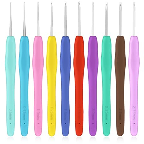 10 Small Crochet Hooks Set, Knitting Needles 0.5mm/0.75mm/1mm/1.25mm/1.5mm/1.75mm/2mm/2.25mm/2.5mm/2.75mm Ergonomic Handle Crochet Hooks for Lacework