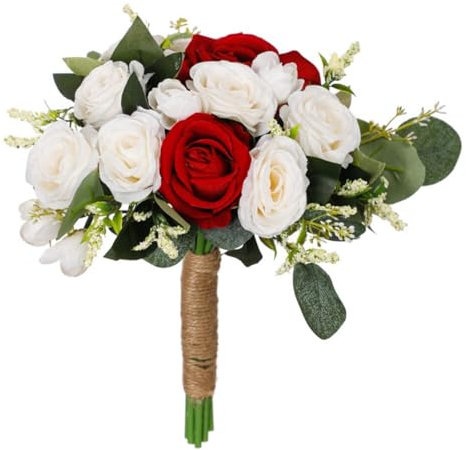 URFEDA Bouquet de Mariée Fleurs Rose, Faux Fleurs en Soie, Bouquet de Demoiselle d'honneur, Bouquet de Mariage Artificielle, Bouquet de Mariée Champêtre, Bouquet Centre de Table (Blanc-Rouge)