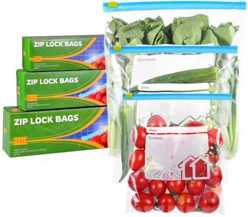 70 Pcs Food Storage Freezer Bags, 3 Sizes Zip Lock Bags (4.55L, 2.27L, 1L), Reusable Ziplock Bags Sandwich Bags with Expandable Bottom, Heavy Duty Food Bags for Fruits, Veggies, Meat, Snacks